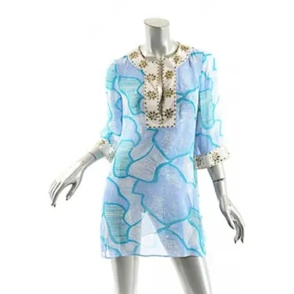 CHRISTIANE CELLE CALYPSO Pure Silk Chiffon Embellished Beach Blouse XS